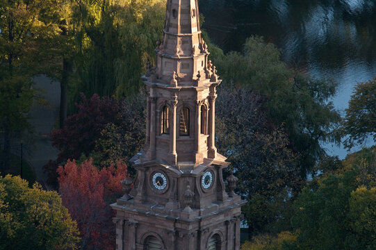 High angle view of the tower of a church and a public park, Arlington Street Church