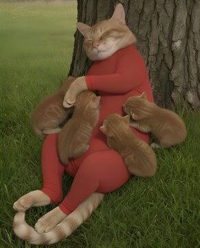 cat with a human-like red outfit leans against a tree, sleeping with her four kittens
