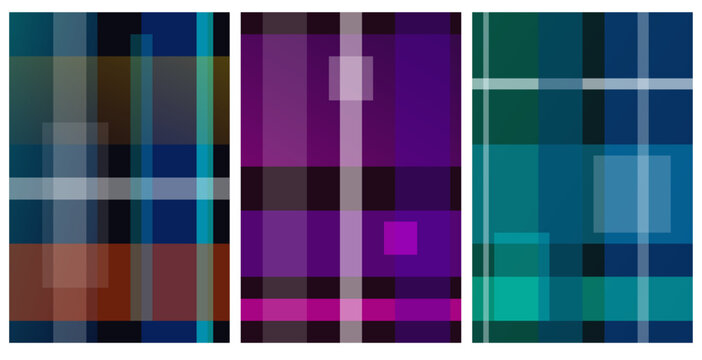 Set of three seamless plaid patterns in blue, purple, and green tones, abstract geometric textile designs with intersecting lines
