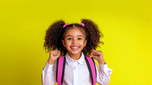  A beautiful black girl is ready for the start of school, standing against a flat yellow background, wearing a white shirt and a backpack.