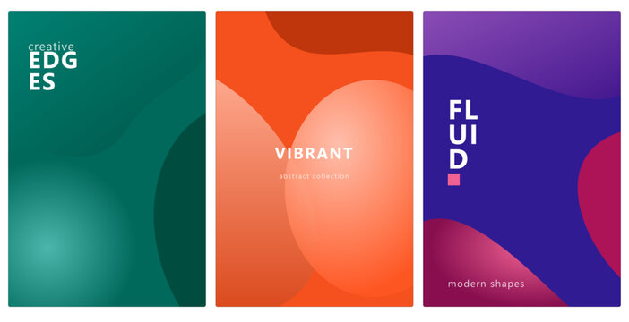Set of three abstract fluid design posters with vibrant gradient colors, modern liquid shapes, and creative typography layouts