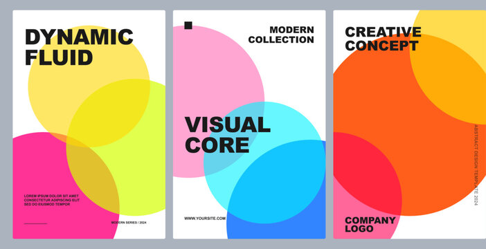 Set of three abstract posters with overlapping colorful circles, modern geometric shapes, and bold typography for branding design
