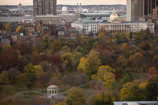 Gazebo in a park with buildings in the background, Parkman Bandstand, Boston Common, Massachusetts