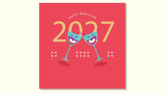 Two cartoon champagne glasses appear on a red background with the text Happy New Year 2027. An animated greeting card in a cartoon-style flat vector art design