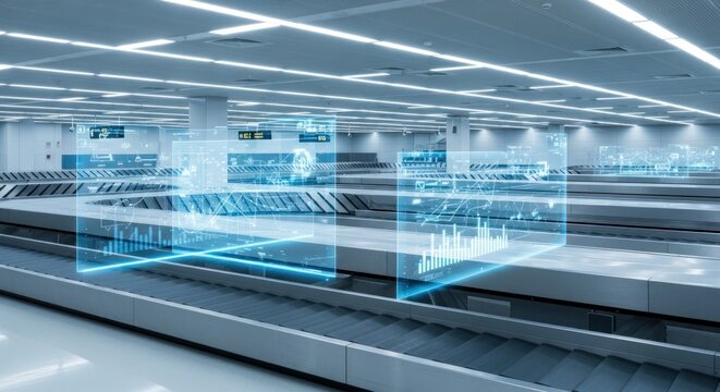 futuristic airport baggage handling system with digital data visualization overlays