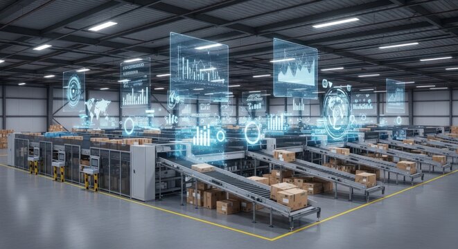 Advanced Logistics Warehouse with Futuristic Data Visualization Overlays and Automated Conveyor