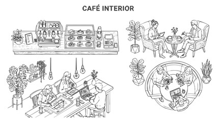 Obraz premium A Detailed Sketched Cafe Interior Collection with People Working on Laptops and Drinking Coffee in a Cozy Modern Coffee Shop Environment