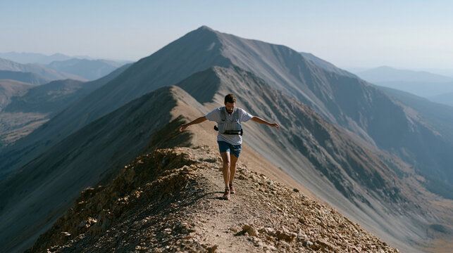 Trail runner descending a narrow technical ridge path at altitude, trekking poles collapsed and stowed, arms wide for balance, mountain ridge route above treeline, dramatic valley