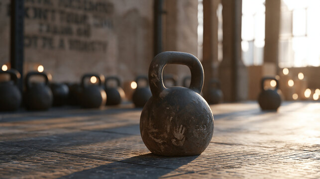 Kettlebell left upright on a worn rubber floor in a quiet industrial gym during a candlelit early morning class, chalk handprints on its handle, other kettlebells arranged in a