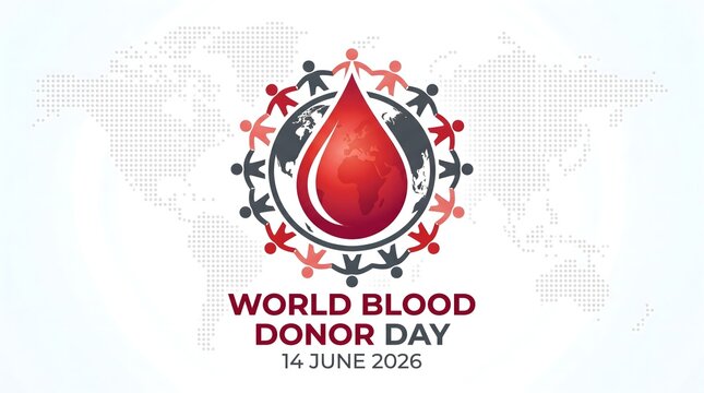 Vector logo design for World Blood Donor Day 2026 with a red blood drop containing a world map, surrounded by a circle of diverse people holding hands on a global dotted map background.