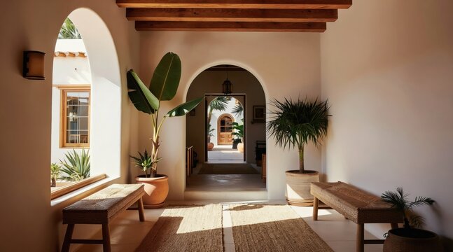 Boho style entryway with arched doorways, wooden beams, potted plants. Features rustic benches, natural light, creating warm mediterranean home ambiance. Peaceful interior design for relaxing