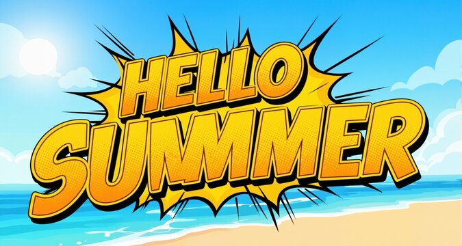 Hello summer text, comic style editable text effect
