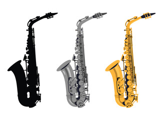 Naklejka premium Set with beautiful saxophones on white background. Vector illustration,