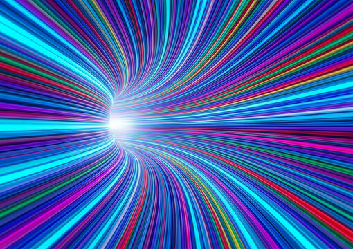 Vibrant abstract hyperspace tunnel with colorful light streaks rushing into a bright central glow.