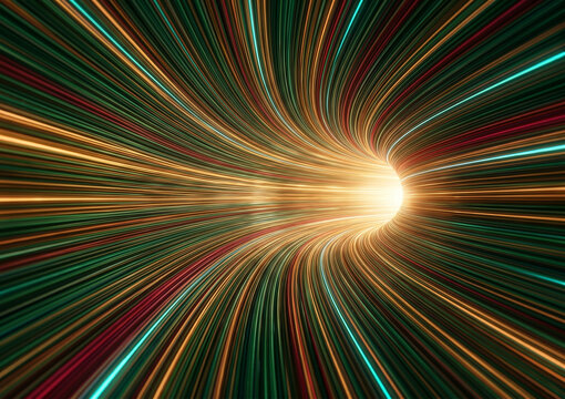 Vibrant abstract hyperspace tunnel with colorful light streaks rushing into a bright central glow.