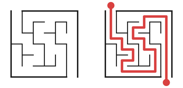 Simple square maze for kids with easy solution path. Educational puzzle game for children, printable worksheet for logic development, problem solving. Labyrinth With Entry And Exit