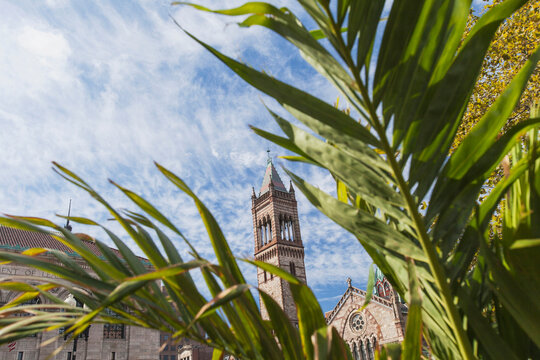 Low angle view of Old South Church and Boston Public Library