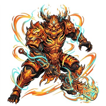 Tiger-Skin Oni &ndash; Shuten Doji Inspired Demon Warrior Tattoo Illustration, Japanese Myth Fantasy Tiger Spirit Concept Art