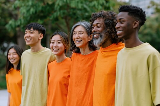 Diverse multigenerational group smiling side by side in coordinated orange and pale yellow shirts outdoors for inclusive banner and website background