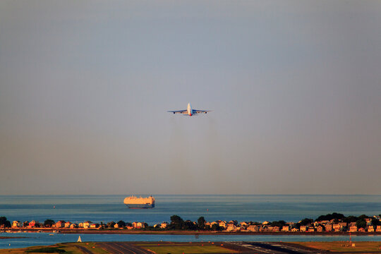 Plane taking off from Logan Airport with Winthrop