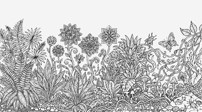 Detailed Coloring Page of a Floral Garden and Botanical Illustration Featuring Nature Animals in a Hand Drawn Zentangle Style