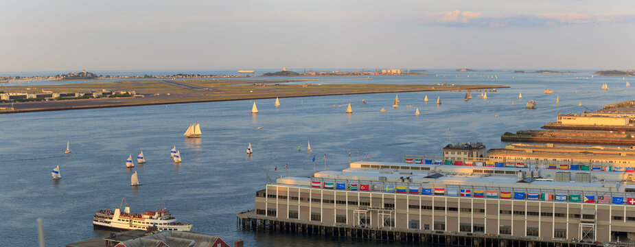 Sailboats at Boston Harbor with Logan Airport and Winthrop and Deer Island