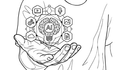 Naklejka premium Artificial Intelligence Brain Lightbulb Innovation and Technology Concept Represented by a Human Hand Holding a Digital Network of Creative Media