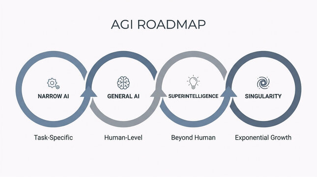AGI Roadmap Infographic illustrating the evolution of Artificial Intelligence from Narrow AI to General AI, Superintelligence, and Singularity with stages of development.