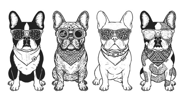 French Bulldog set wearing sunglasses, pet eyewear, and bandanas, featuring cool dog characters in a detailed black and white artistic line art style.