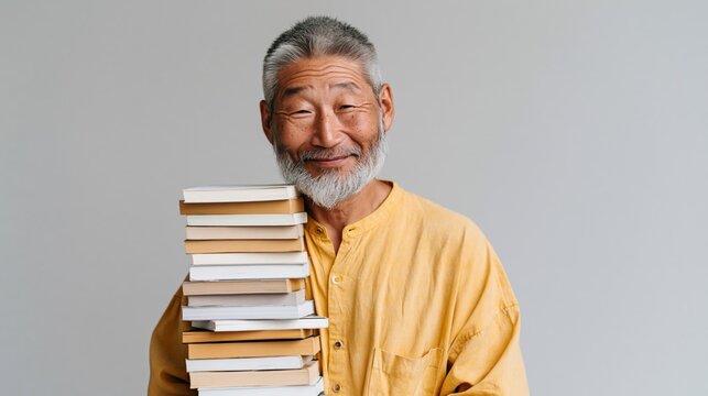 Elderly man holding a tall stack of books and smiling for library poster background promoting reading and lifelong learning resources