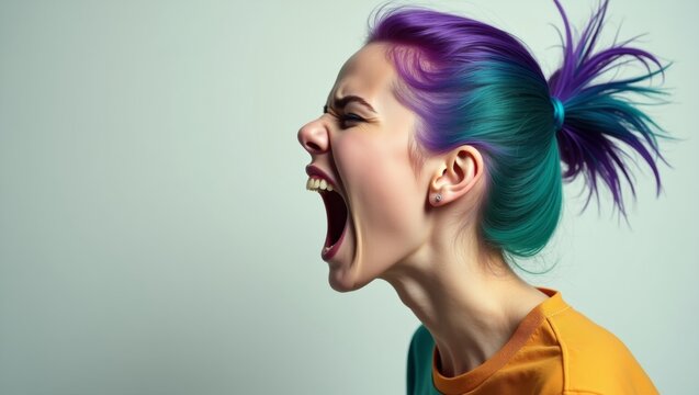 Young woman with vibrant teal and purple hair screams passionately, showcasing her expressive features against a plain light background