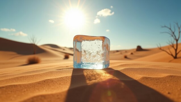 Ice cube resting on sandy desert landscape under bright sunlight with clear blue sky and distant dry vegetation in the background