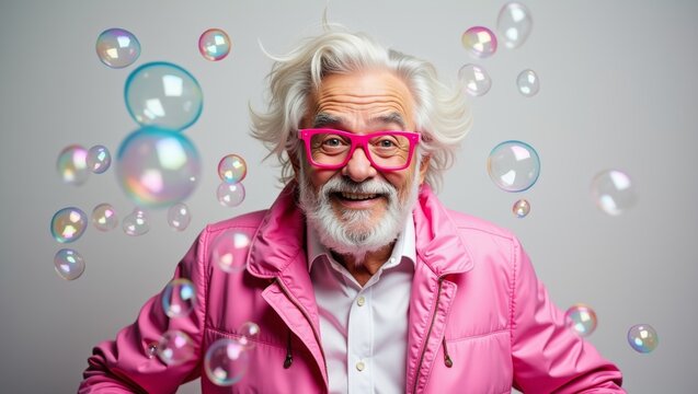 Elderly man with white hair and beard wearing pink glasses and a pink jacket smiles joyfully surrounded by colorful soap bubbles against a light gray background