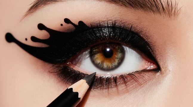 Close up of woman eye getting dramatic cat eye liner makeup applied with pencil. Creative black ink splash graphic design on eyelid. Skilled makeup artist works on beauty look for fashion magazine.