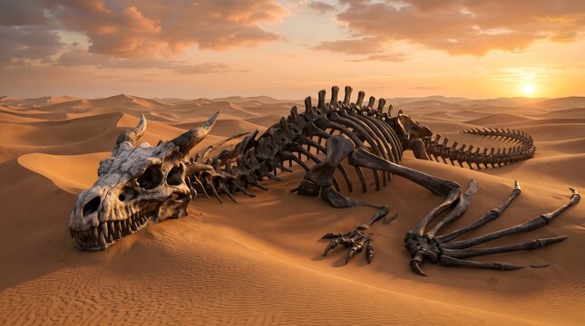Ancient dragon skeleton in desert dunes, giant mythical creature bones at sunset, prehistoric monster remains in sandy wasteland landscape