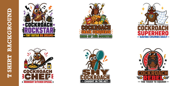 Creative cockroach profession illustrations including rockstar chef and superhero characters.