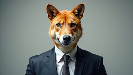 Dog with human body wearing a formal suit and tie, standing against a plain gray background, blending animal and human characteristics in a surreal manner
