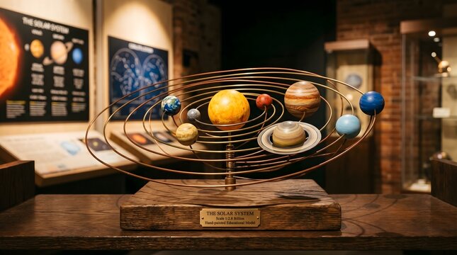 Vintage solar system orrery model on wooden base, antique astronomical planetarium display, educational science museum exhibit with celestial charts