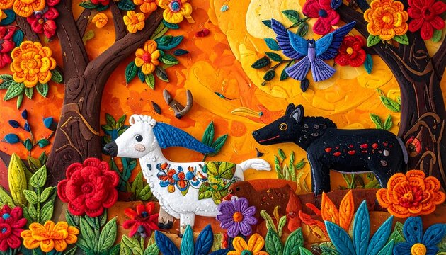 Colorful clay art shows 3 animals amongst trees and flowers, illuminated by a yellow full moon background