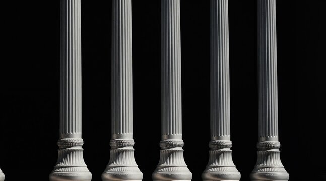 Five tall classical columns stand in a row. White fluted pillars with ornate bases are set against a plain dark background. Architecture detail creates strong geometric pattern for design.