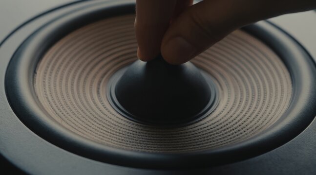 Finger touches speaker cone making ripples. Close-up shows sound wave motion. Audio bass vibration energy felt. Technology sound physics concept.