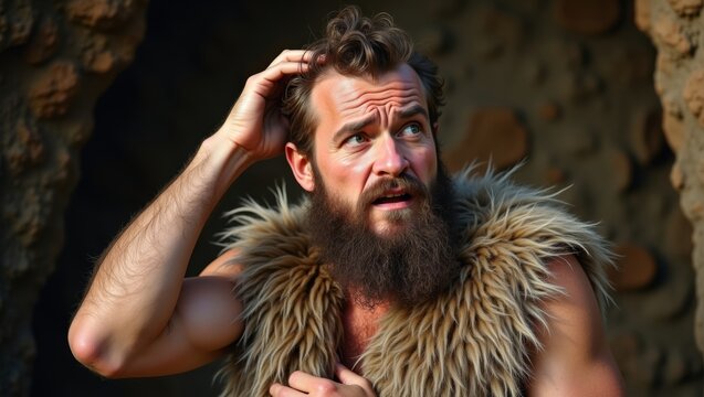 Male figure with a beard wearing a fur garment looks puzzled while standing in a cave-like environment with rocky textures and natural lighting