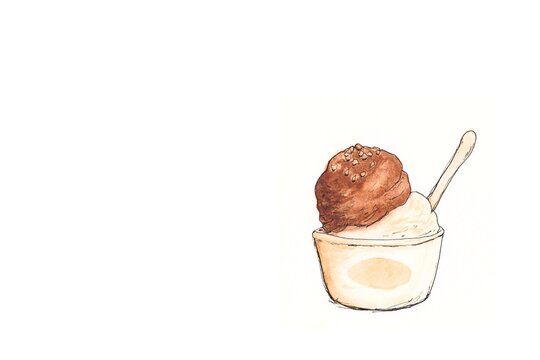 カップに入ったチョコレートアイスの手描き水彩イラスト　左コピースペース