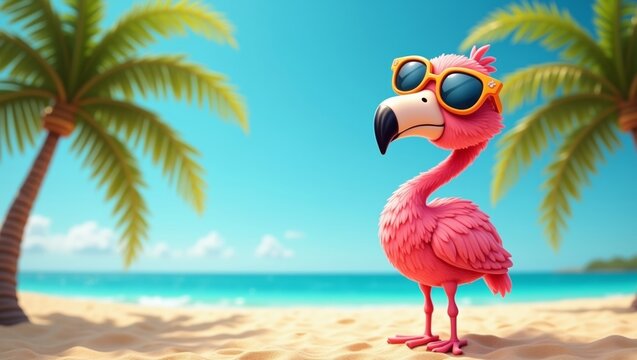 Cartoon flamingo wearing sunglasses stands on a sandy beach with palm trees and ocean waves in the background under a clear blue sky