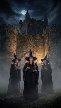 Three mysterious witches in black robes and pointed hats perform a ritual outside a spooky gothic castle under a full moon, cinematic moody lighting, perfect for Halloween fantasy designs.