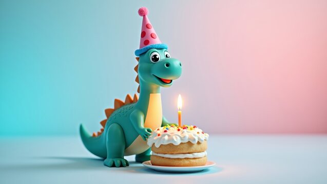 Cartoon dinosaur character wearing a party hat stands beside a birthday cake with a lit candle, colorful sprinkles on top, against a pastel gradient background