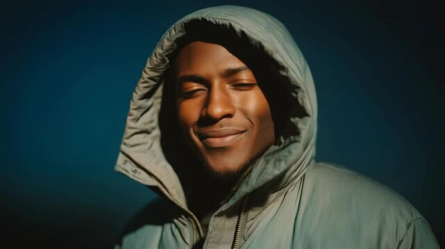 Portrait of a Black African man wearing a modern sweater against bright sunlight, showcasing confidence, contemporary fashion, and a warm outdoor lifestyle atmosphere.