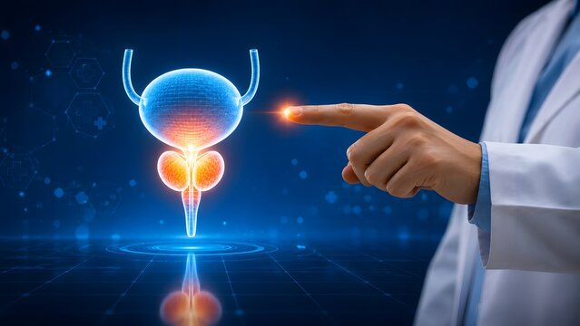 Male doctor pointing at glowing 3D prostate and urinary bladder anatomy hologram for urology and men health concept