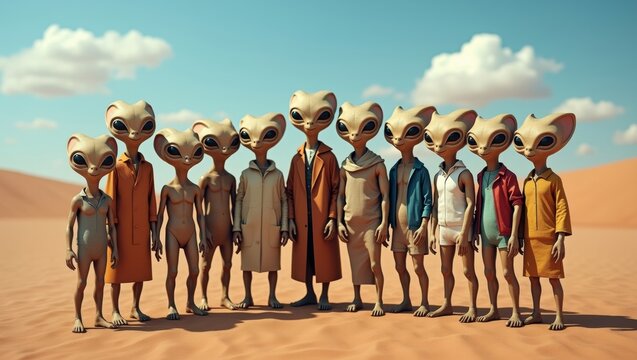 Group of cartoon aliens standing together in a desert landscape, wearing colorful clothing, with a clear blue sky and fluffy clouds in the background