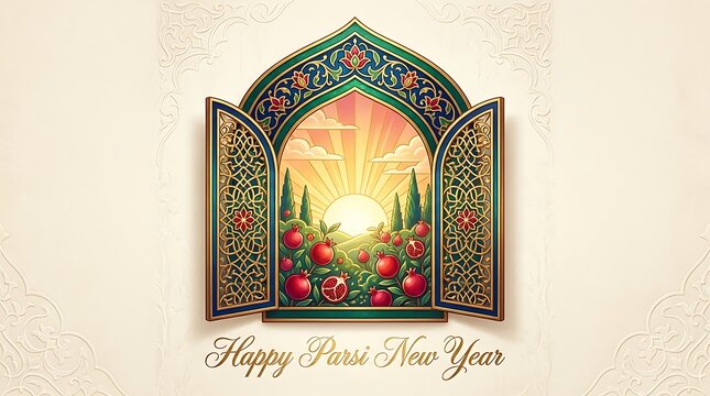 Happy Parsi New Year Ornate Card with Arch and Pomegranates